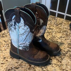 Justin Boots Brown & White Kids' Cowgirl Boots with Turquoise Trim